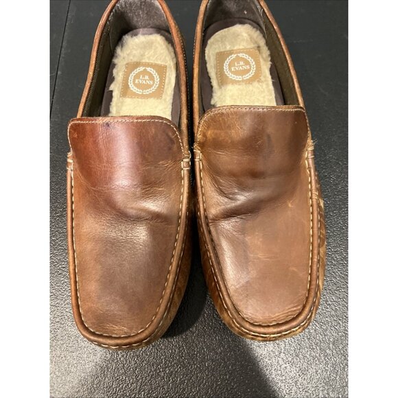 LB Evans Shoes Mens 10 Brown Alton Leather Loafers Shearling Slip On Slipper - Picture 3 of 8